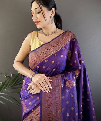 Purple silk blend copper zari weaving banarasi saree with contrast blouse 4