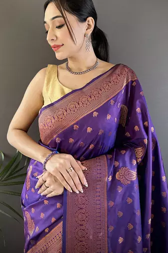 Purple silk blend copper zari weaving banarasi saree with contrast blouse
