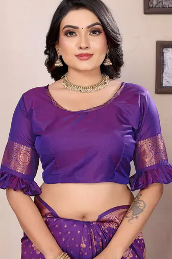 Purple silk blend copper zari weaving banarasi saree with contrast blouse