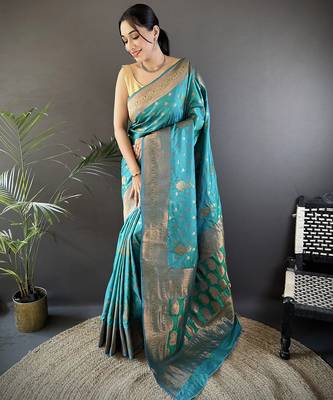 Teal green silk blend copper zari weaving banarasi saree with contrast blouse 1
