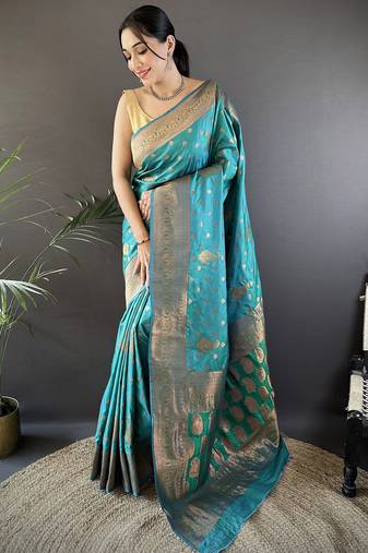 Teal green silk blend copper zari weaving banarasi saree with contrast blouse