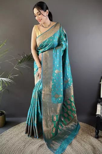 Teal green silk blend copper zari weaving banarasi saree with contrast blouse