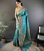 Teal green silk blend copper zari weaving banarasi saree with contrast blouse