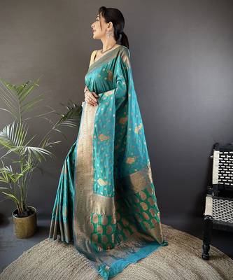 Teal green silk blend copper zari weaving banarasi saree with contrast blouse 2