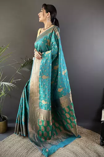 Teal green silk blend copper zari weaving banarasi saree with contrast blouse
