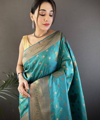 Teal green silk blend copper zari weaving banarasi saree with contrast blouse 4