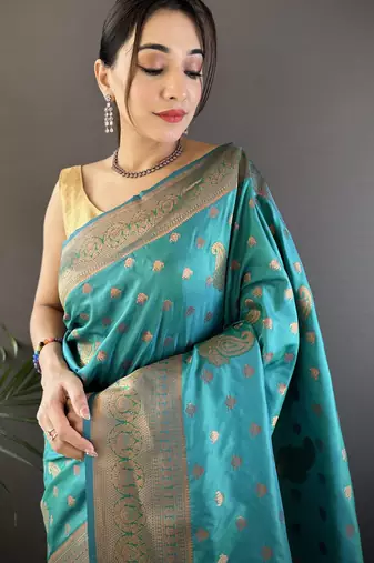 Teal green silk blend copper zari weaving banarasi saree with contrast blouse