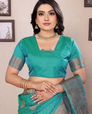 Teal green silk blend copper zari weaving banarasi saree with contrast blouse 5