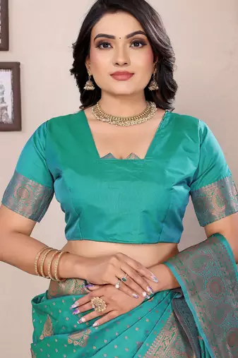 Teal green silk blend copper zari weaving banarasi saree with contrast blouse