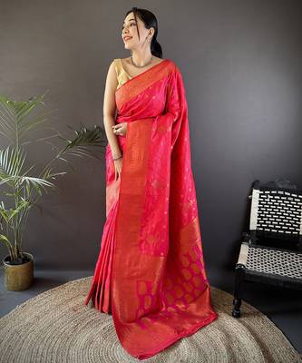 Hot pink silk blend copper zari weaving banarasi saree with contrast blouse 1