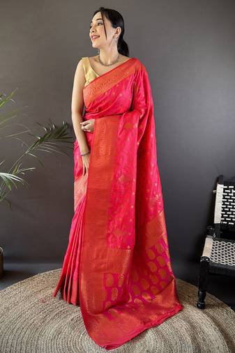 Hot pink silk blend copper zari weaving banarasi saree with contrast blouse