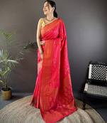 Hot pink silk blend copper zari weaving banarasi saree with contrast blouse