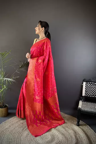 Hot pink silk blend copper zari weaving banarasi saree with contrast blouse
