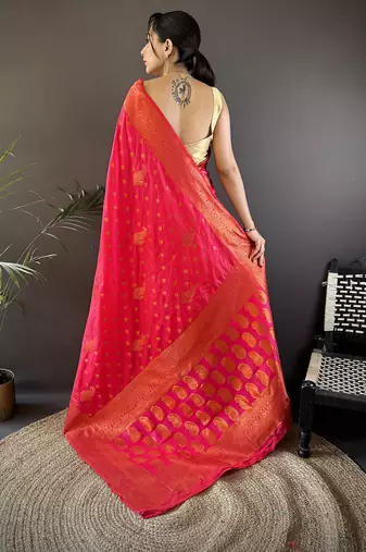 Hot pink silk blend copper zari weaving banarasi saree with contrast blouse