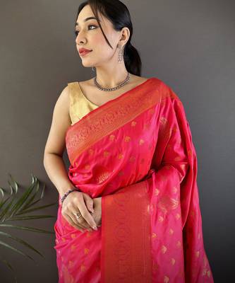 Hot pink silk blend copper zari weaving banarasi saree with contrast blouse 4