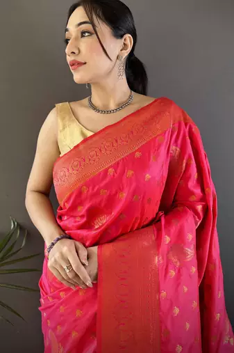 Hot pink silk blend copper zari weaving banarasi saree with contrast blouse