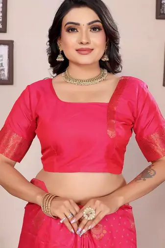 Hot pink silk blend copper zari weaving banarasi saree with contrast blouse