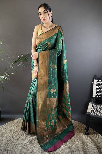 Dark green silk blend copper zari weaving banarasi saree with contrast blouse