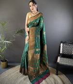 Dark green silk blend copper zari weaving banarasi saree with contrast blouse