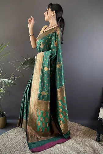 Dark green silk blend copper zari weaving banarasi saree with contrast blouse