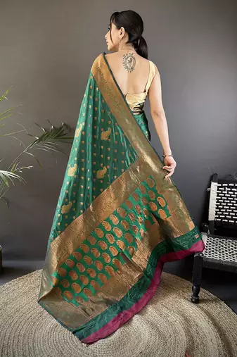 Dark green silk blend copper zari weaving banarasi saree with contrast blouse