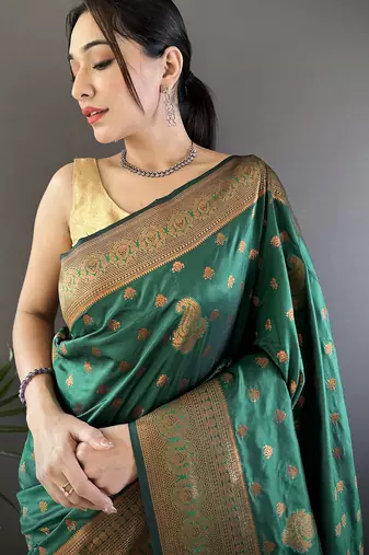 Dark green silk blend copper zari weaving banarasi saree with contrast blouse