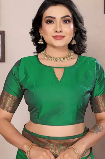 Dark green silk blend copper zari weaving banarasi saree with contrast blouse