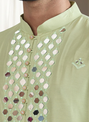 Pista green art silk kurta churidar for mens 1