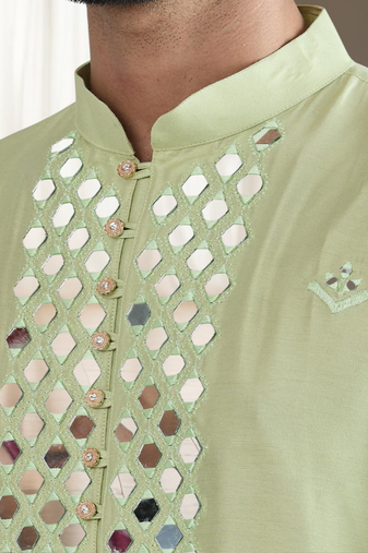 Pista green art silk kurta churidar for mens