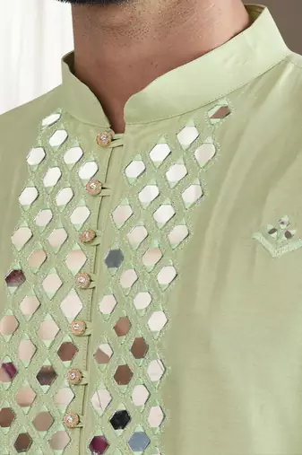 Pista green art silk kurta churidar for mens
