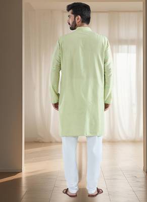 Pista green art silk kurta churidar for mens 2