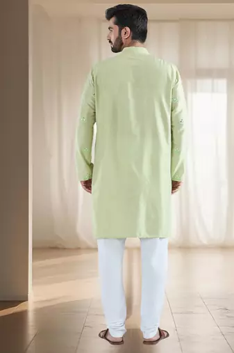 Pista green art silk kurta churidar for mens