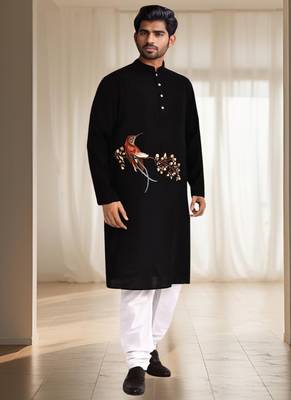 Black silk kurta churidar for men's 1