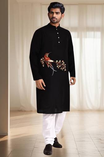 Black silk kurta churidar for men's
