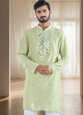 Pista green art silk kurta churidar for mens 3