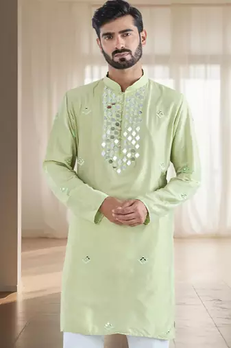 Pista green art silk kurta churidar for mens