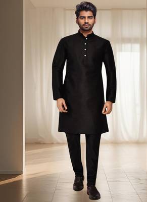Black silk kurta churidar for men's 2