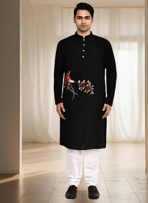 Black silk kurta churidar for men's 2