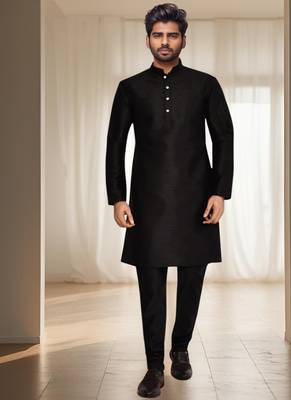 Black silk kurta churidar for men's 1