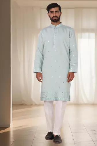 Light firozi mirror embroidery kurta churidar
