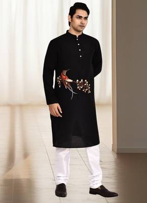 Black silk kurta churidar for men's 4