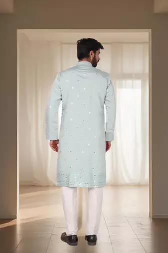 Light firozi mirror embroidery kurta churidar