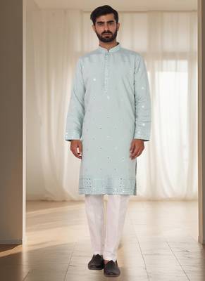Light firozi mirror embroidery kurta churidar 4