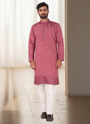 Coral mirror embroidery silk kurta sets for men's 1