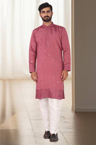 Coral mirror embroidery silk kurta sets for men's