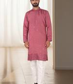 Coral mirror embroidery silk kurta sets for men's