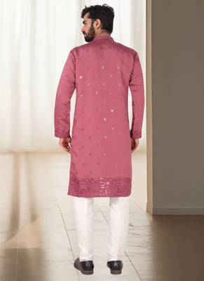 Coral mirror embroidery silk kurta sets for men's 2
