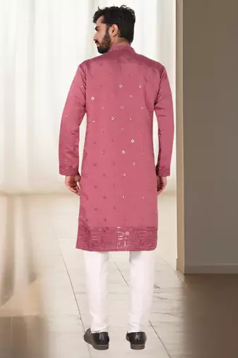 Coral mirror embroidery silk kurta sets for men's