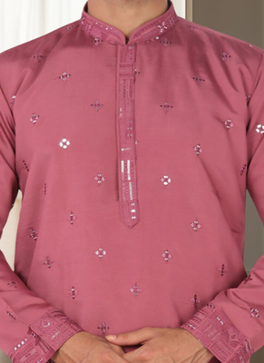 Coral mirror embroidery silk kurta sets for men's 3