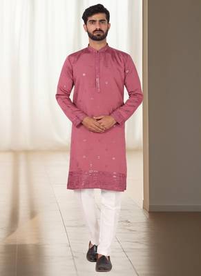 Coral mirror embroidery silk kurta sets for men's 4